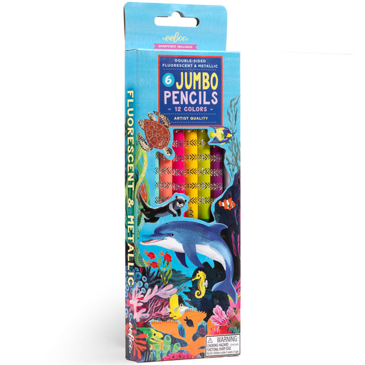 eeBoo Sea Life Double-Sided Jumbo Colored Pencils set with 6 jumbo pencils in 12 colors, featuring fluorescent and metallic finishes, with underwater ocean scen