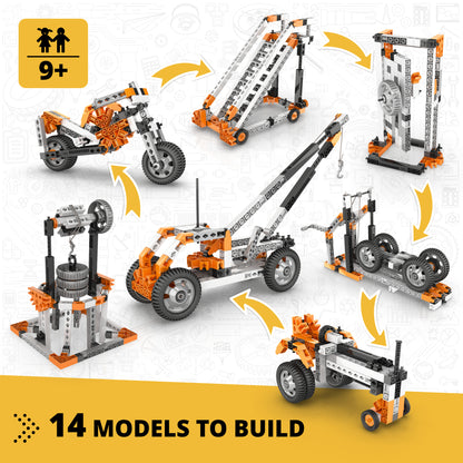 Engino STEM Mechanics 14-model building set with orange and gray construction pieces forming vehicles and machines
