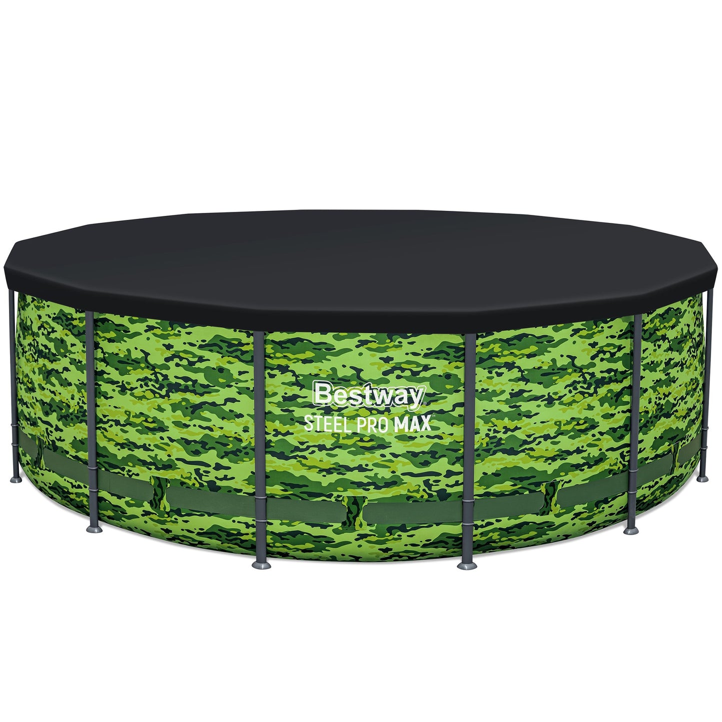 Bestway Steel Pro MAX 14' Camo Pool Set with black cover and green camouflage design
