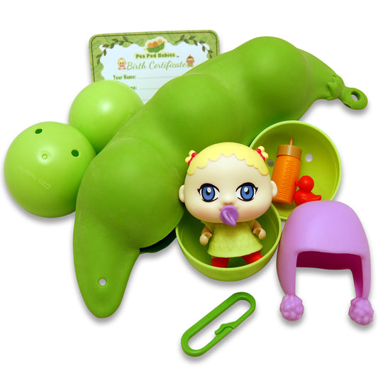 Pea Pod Babies playset with green pod-shaped case, small doll with blonde hair and blue eyes, purple accessories, storage containers, and birth certificate card