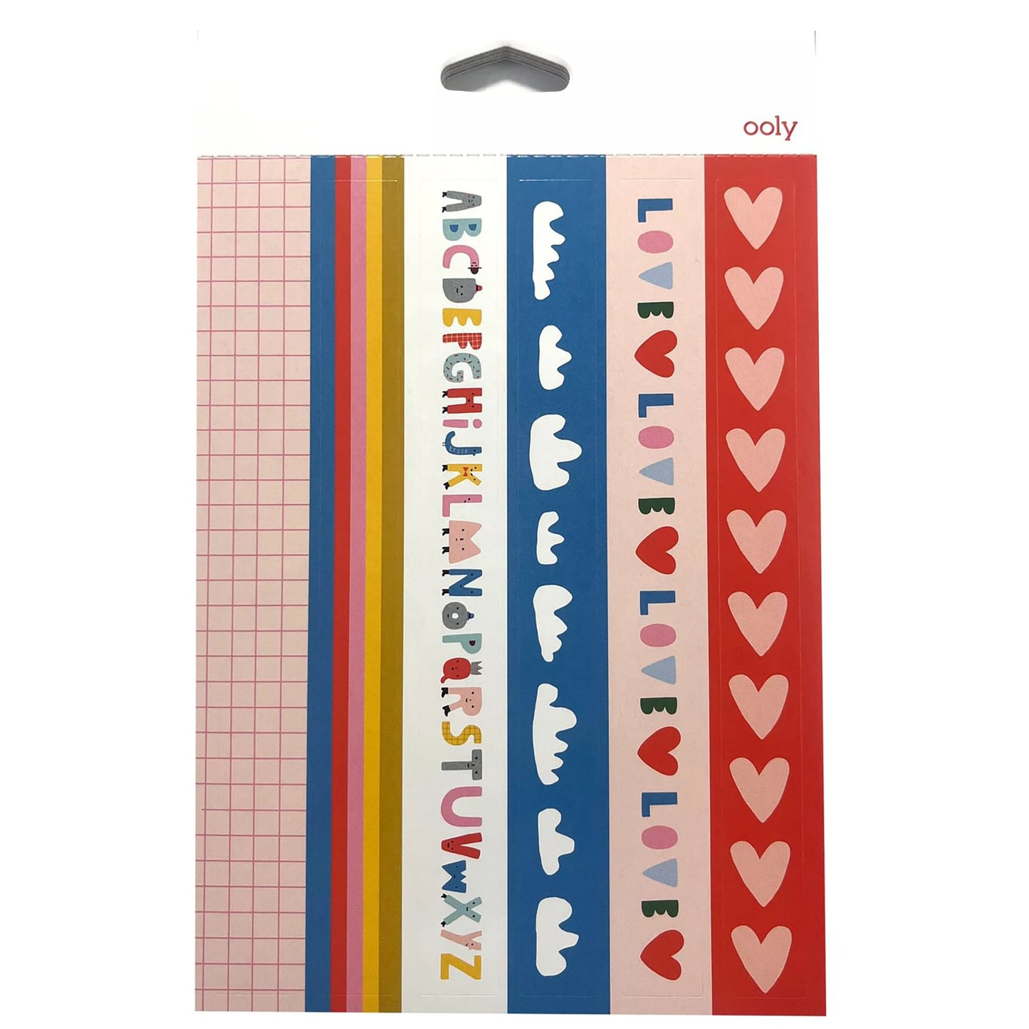 Ooly Stickiville Alpha-Fun sticker sheet pack with colorful grid, hearts, and text designs