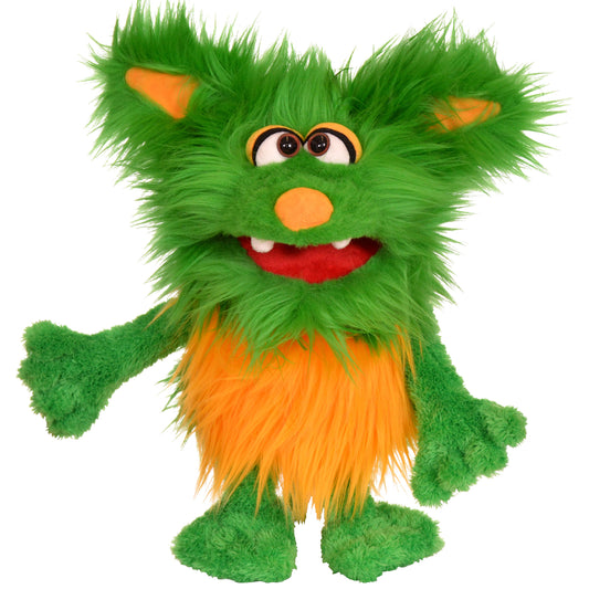 Green furry plush hand puppet with orange triangular ears, orange nose and belly patch, large expressive eyes with orange rings, and red smiling mouth with whit