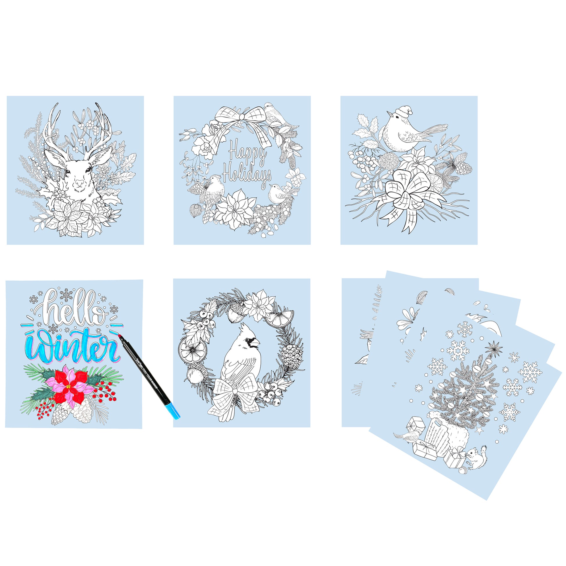Marker Coloring Kit: Cardinal with holiday-themed coloring pages and dual-tip markers