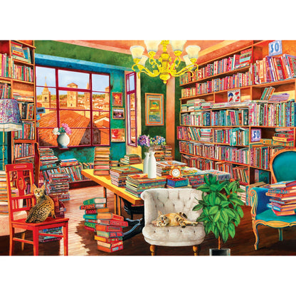 Eurographics The Old Library 1000 Piece Puzzle featuring colorful bookroom with cats and shelves