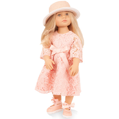 Gotz Happy Kidz Ella 19.5 inch poseable doll with blonde hair, pink lace dress and straw hat