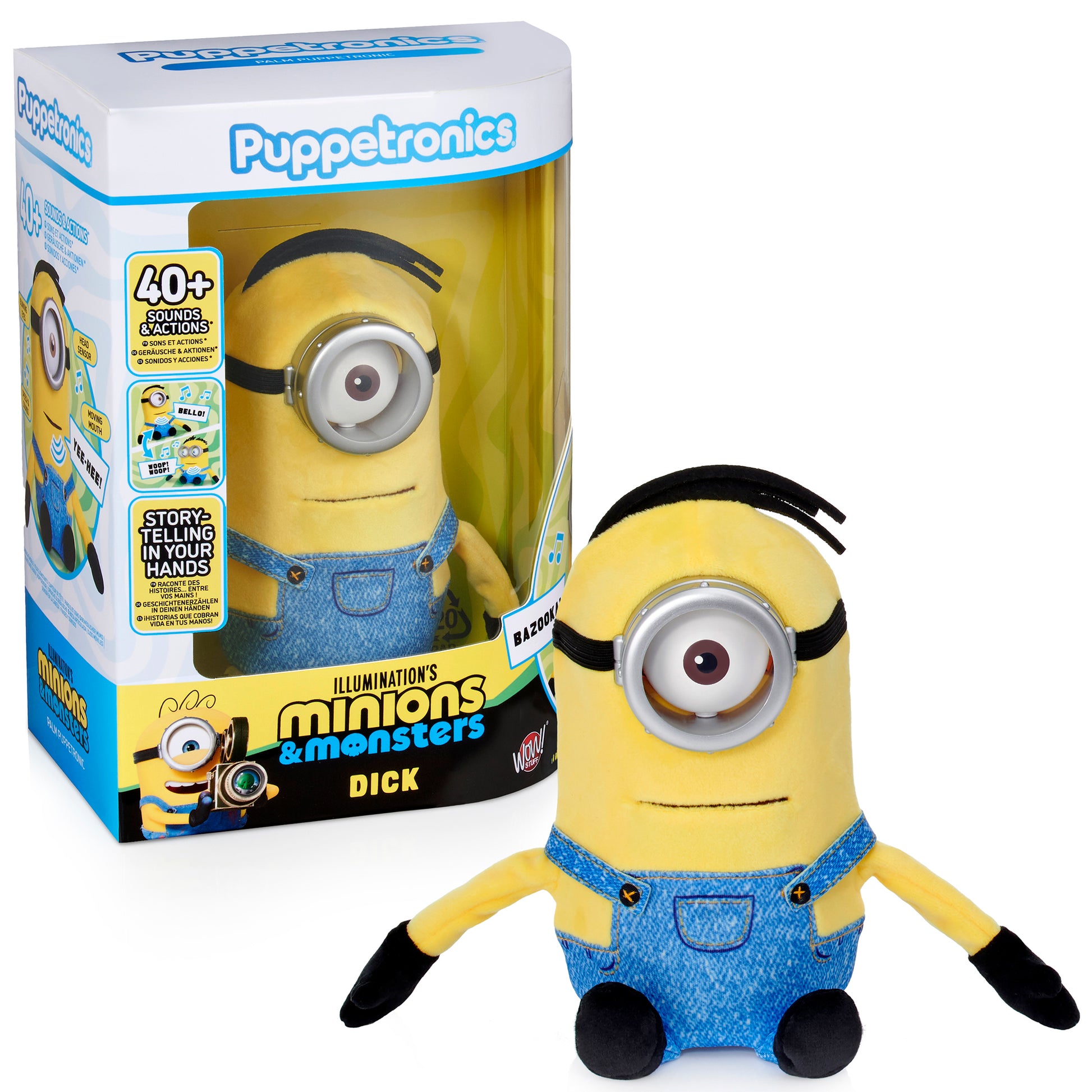 Minions Palm Puppetronic Dick toy with 40+ sounds and actions, yellow with blue overalls