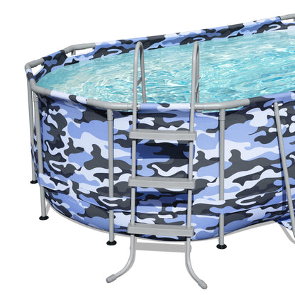 Steel Max Pro 14ft x 8.2ft Pool Set with blue camouflage liner and gray metal frame ladder
