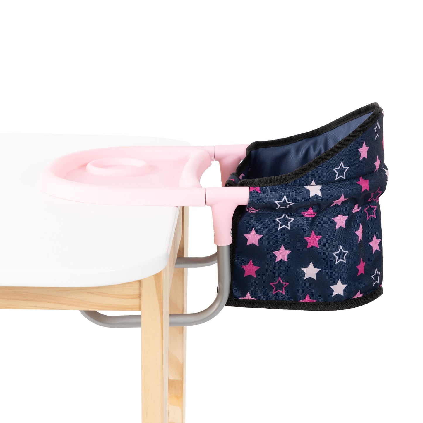 Bayer Design Dolls Table Seat with navy and pink star pattern attached to wooden chair