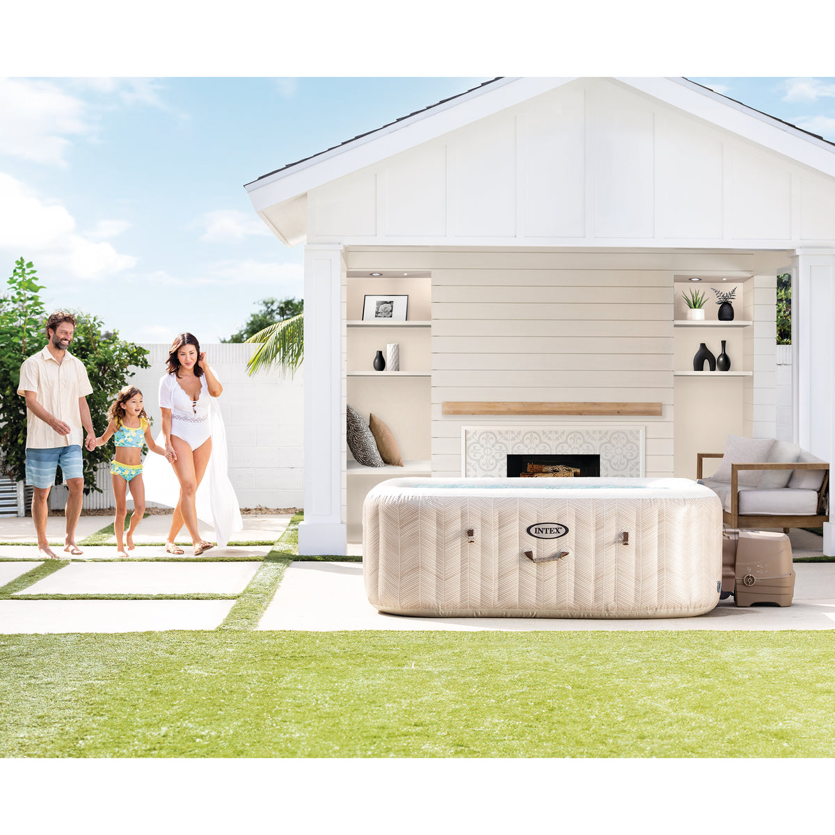 Intex PureSpa Chevron Deluxe 6-person hot tub in beige with family in backyard