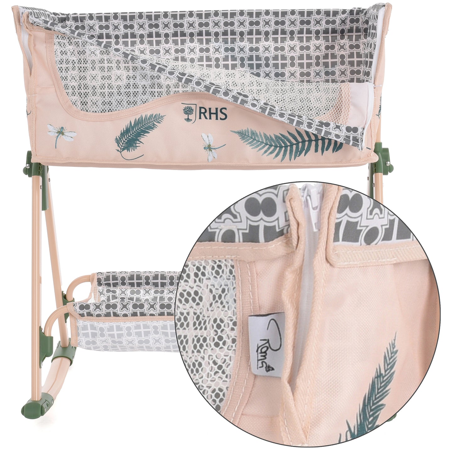 Roma RHS Bedside Crib in Fern with pink fabric, fern leaf design, and mesh panels