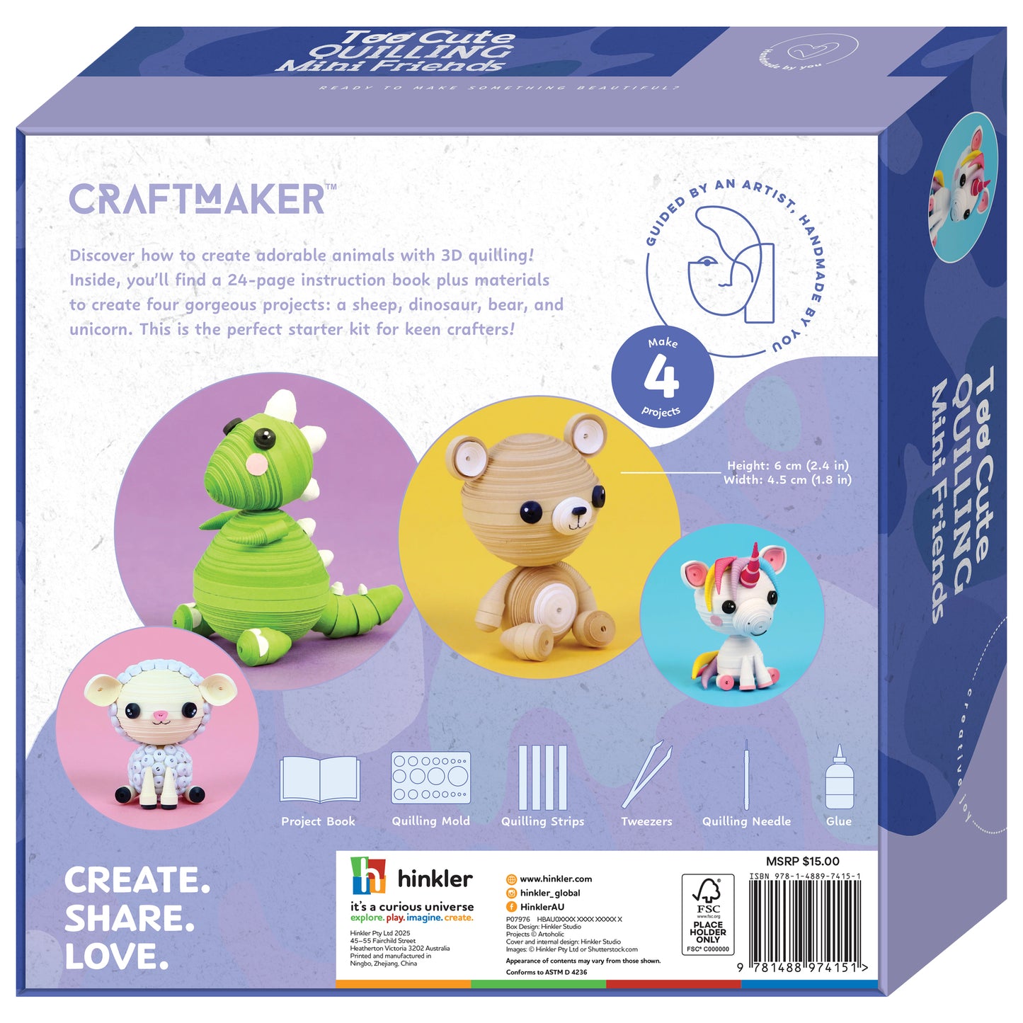 Craft Maker Too Cute Quilling Mini Friends 3D craft kit with colorful animal projects