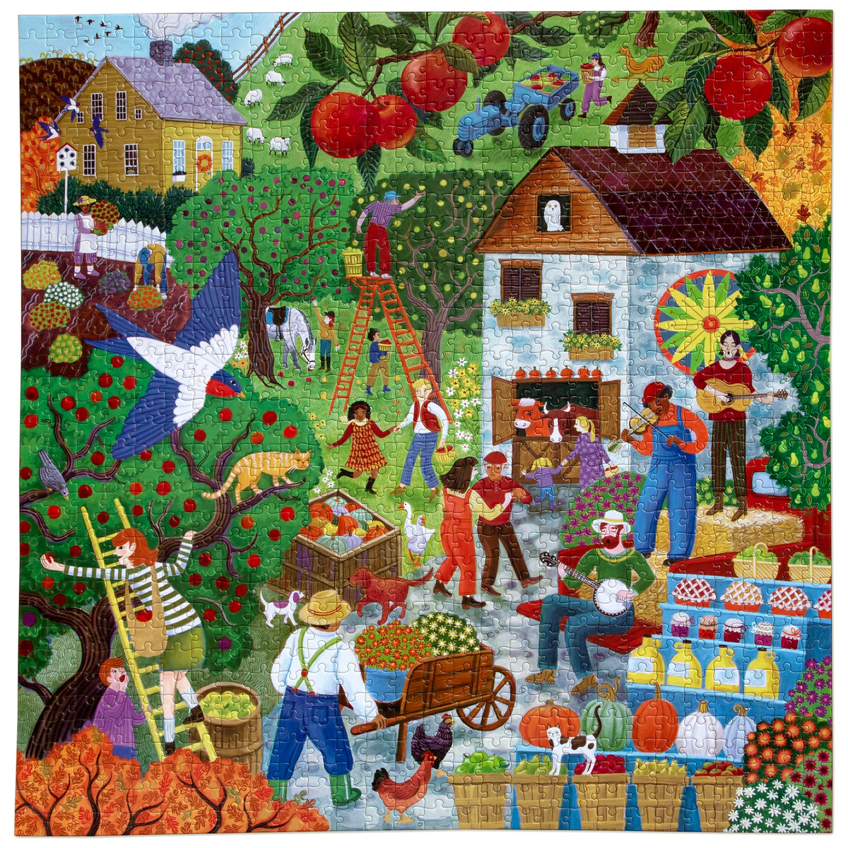 eeBoo Fall Apple Picking 1000 Piece Puzzle featuring colorful autumn harvest scene with houses, orchards, and families
