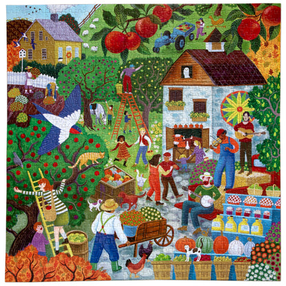 eeBoo Fall Apple Picking 1000 Piece Puzzle featuring colorful autumn harvest scene with houses, orchards, and families