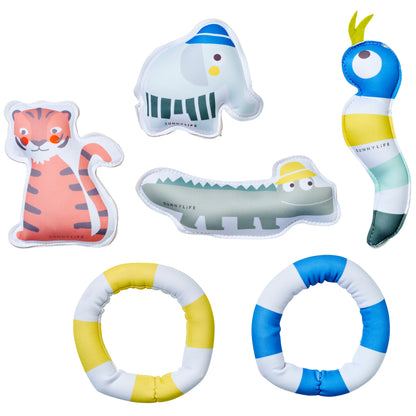 Dive Buddies Into the Jungle 6-piece set with colorful inflatable toys including tiger, elephant, crocodile, bird, an...