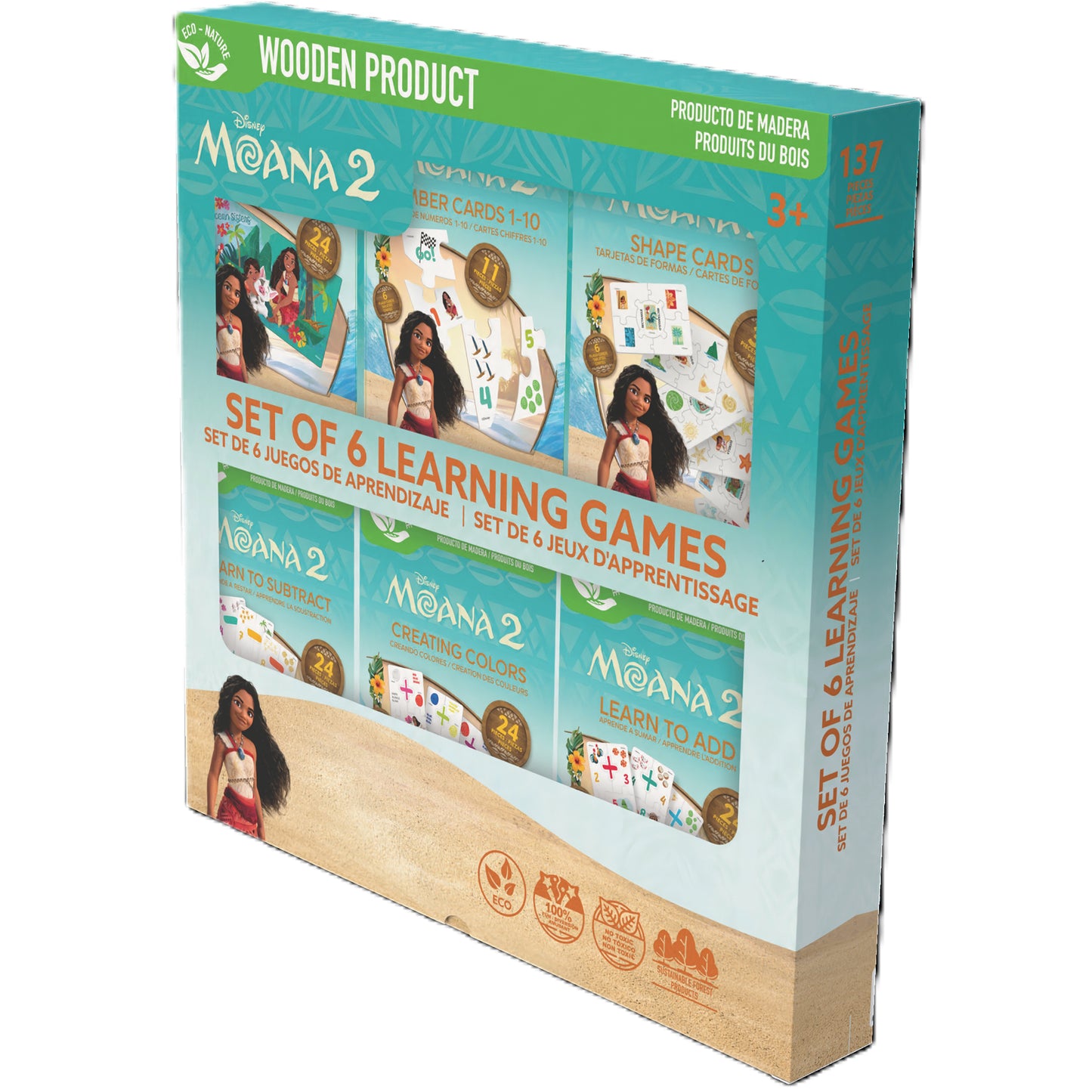 Disney Moana 2 Set of 6 Learning Games wooden product with educational cards