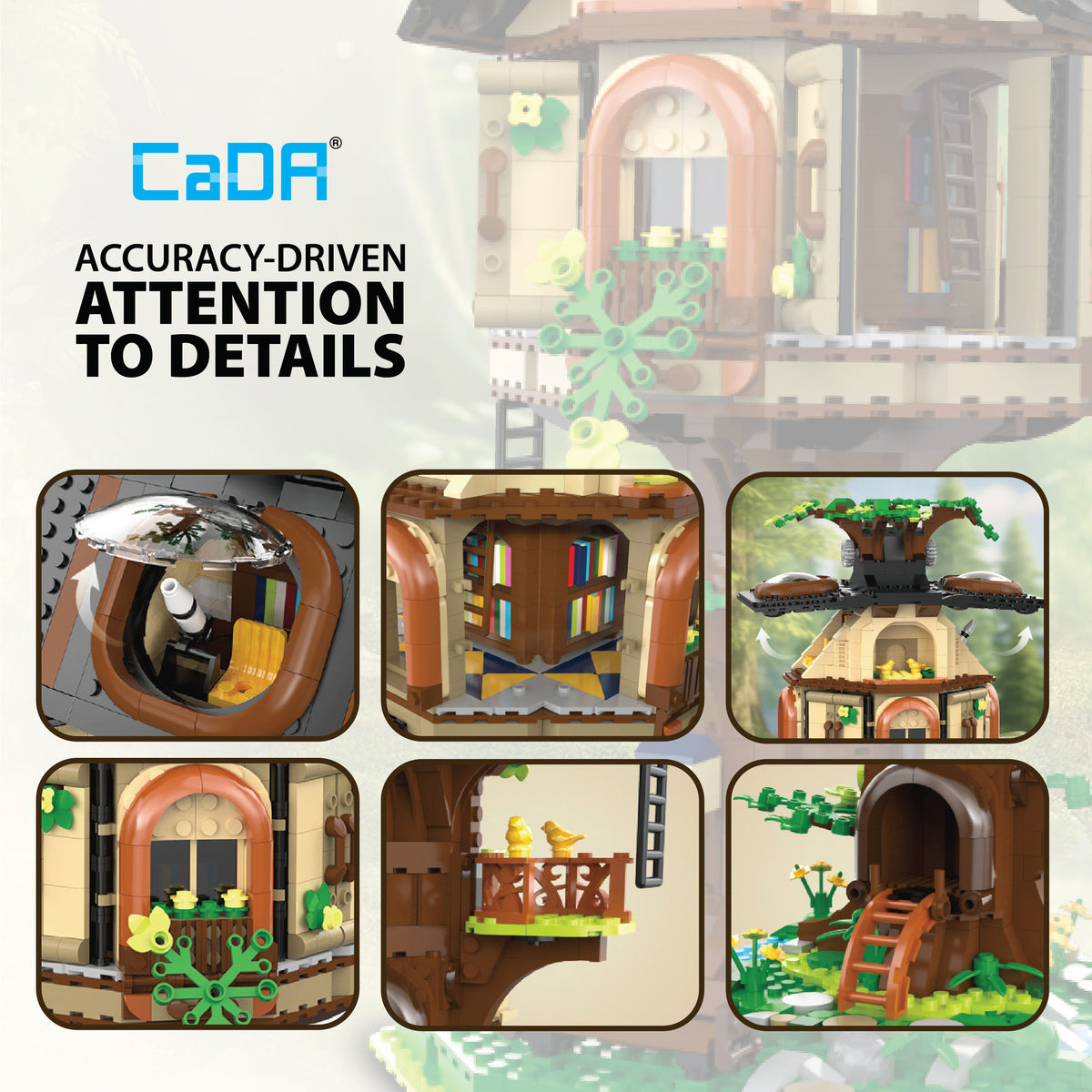 CaDA Tree House Library building set with brown treehouse, green foliage, detailed balcony, shelving, and decorative ...