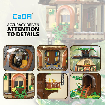 CaDA Tree House Library building set with brown treehouse, green foliage, detailed balcony, shelving, and decorative ...