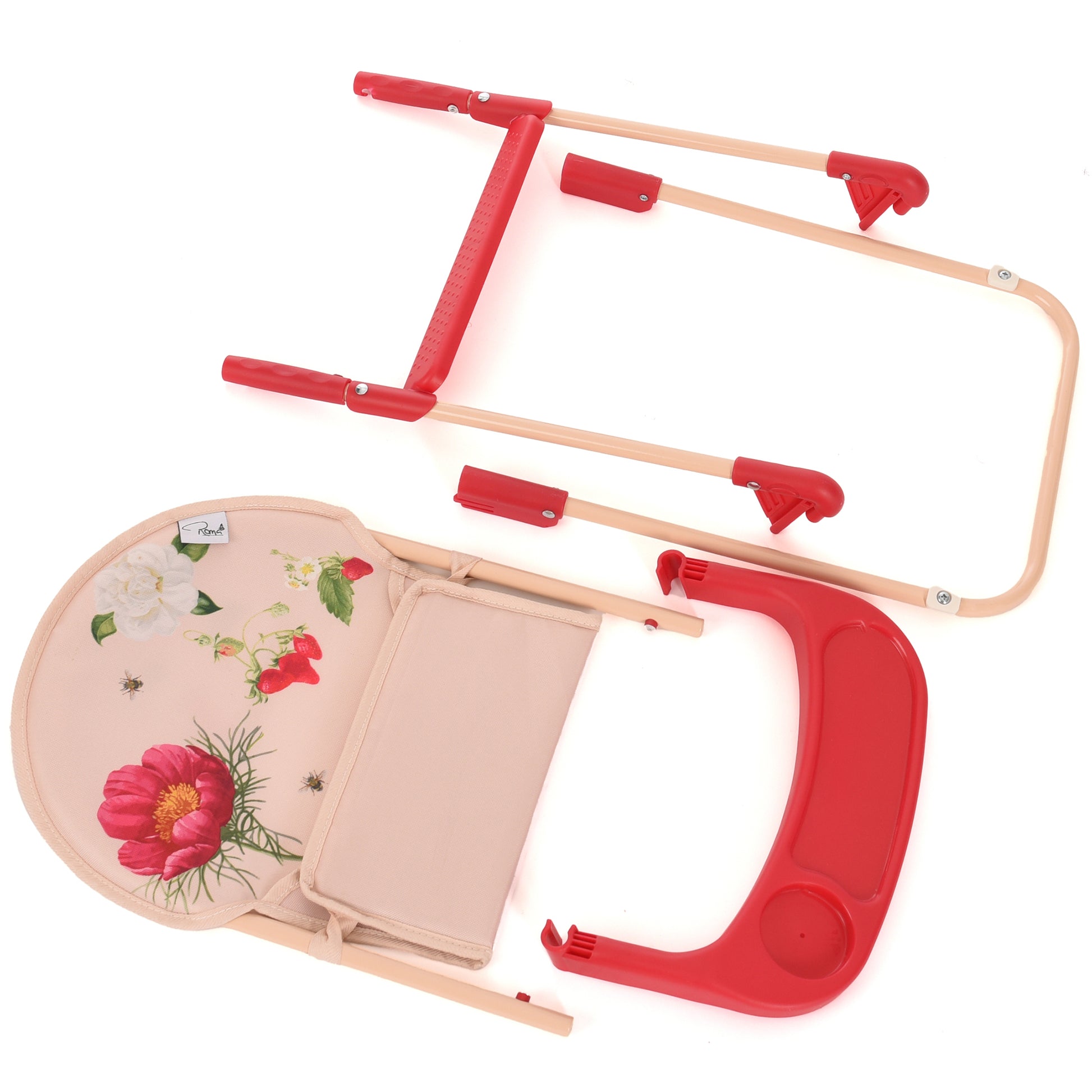 Roma RHS High Chair Flora with pink floral design and red frame components