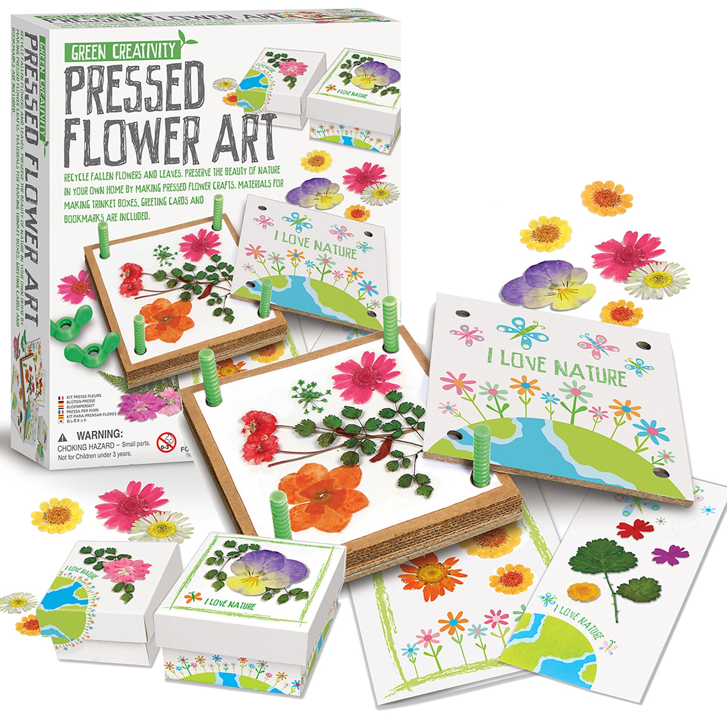 Green Creativity Pressed Flower Art kit with wooden frames, colorful dried flowers, and nature-themed craft cards