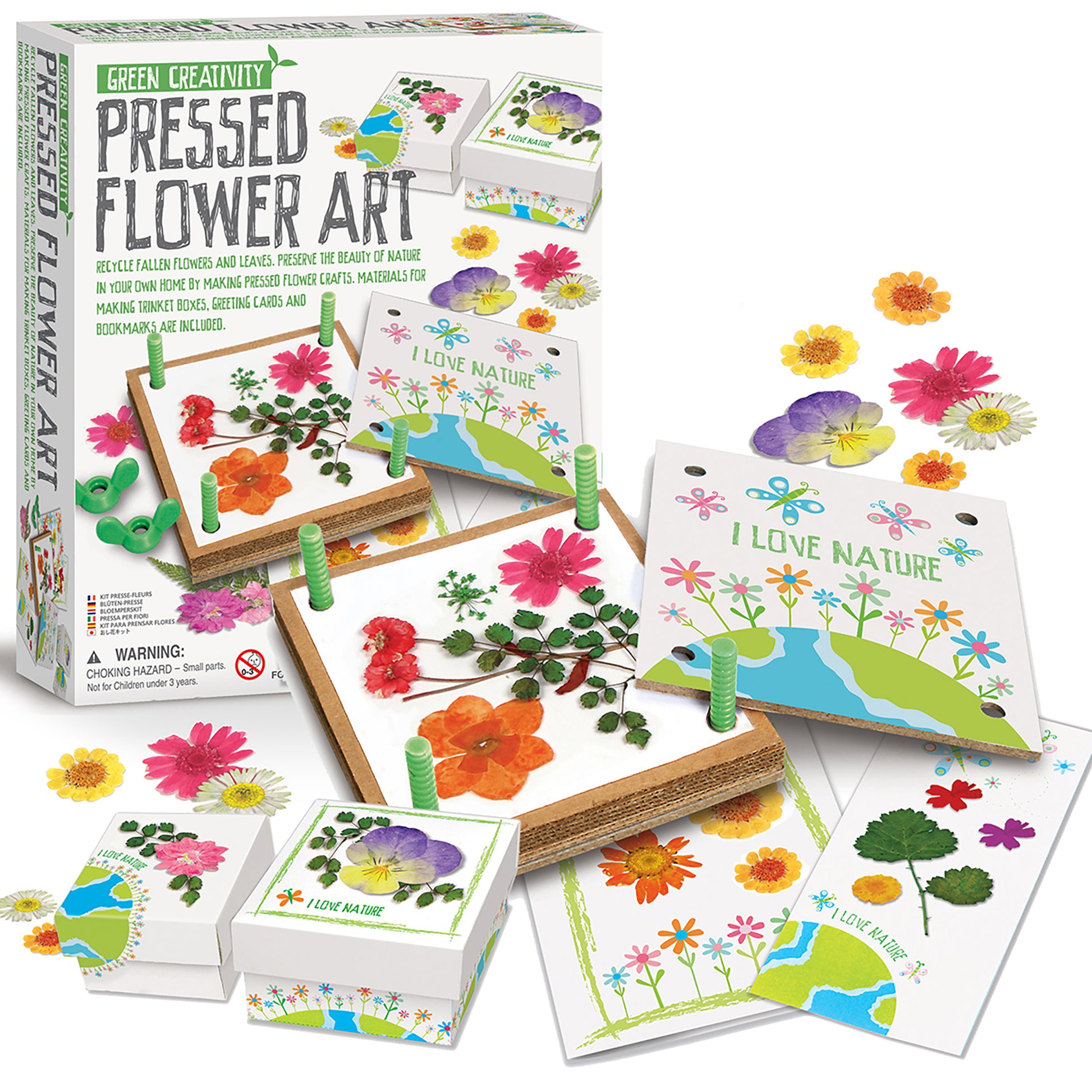 Green Creativity Pressed Flower Art kit with wooden frames, colorful dried flowers, and nature-themed craft cards