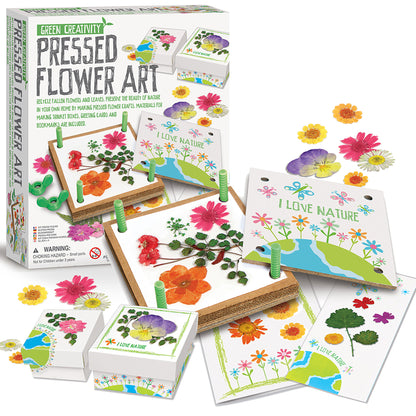 Green Creativity Pressed Flower Art kit with wooden frames, colorful dried flowers, and nature-themed craft cards