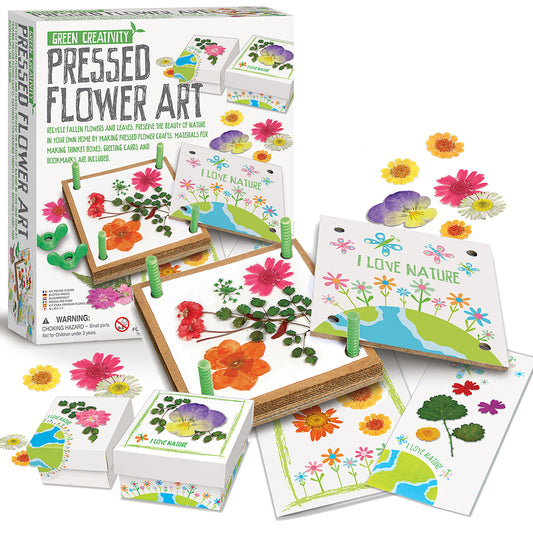 Green Creativity Pressed Flower Art kit with wooden frames, colorful dried flowers, and nature-themed craft cards