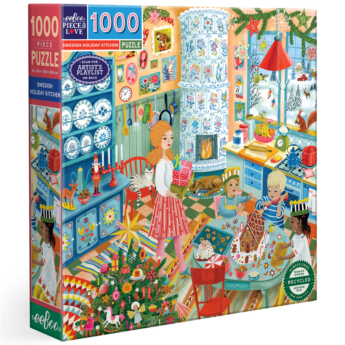 eeBoo Swedish Holiday Kitchen 1000 Piece Puzzle box featuring festive kitchen scene with woman, children, and holiday...