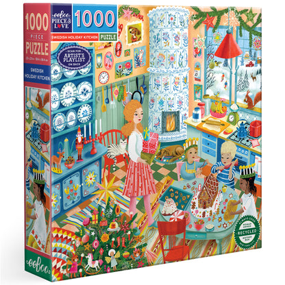 eeBoo Swedish Holiday Kitchen 1000 Piece Puzzle box featuring festive kitchen scene with woman, children, and holiday...