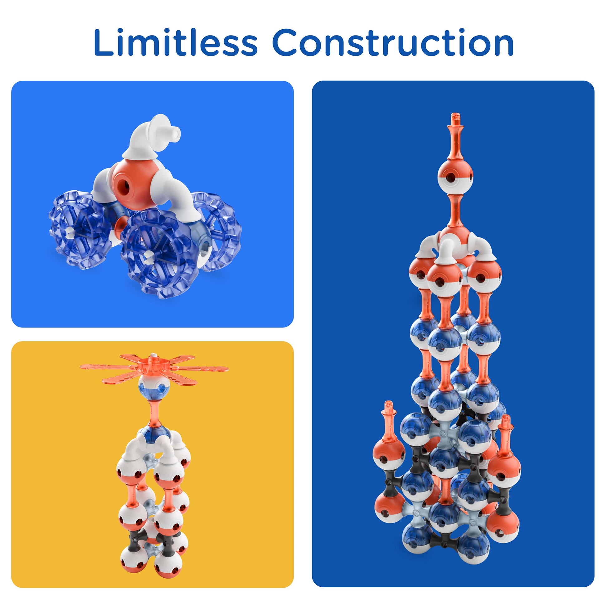 KUB Planet Magnetic Building Set in navy and red, showing 4 construction examples from simple to complex structures