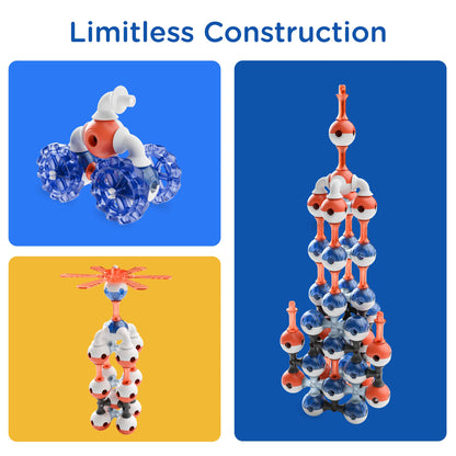 KUB Planet Magnetic Building Set in navy and red, showing 4 construction examples from simple to complex structures