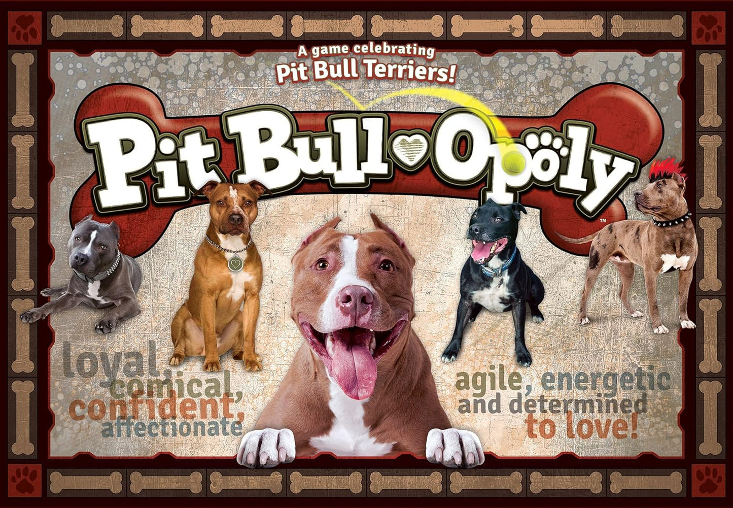 Pit Bull-opoly board game box featuring five pit bull terriers and text describing them as loyal, comical, confident, affectionate, agile, energetic and determi