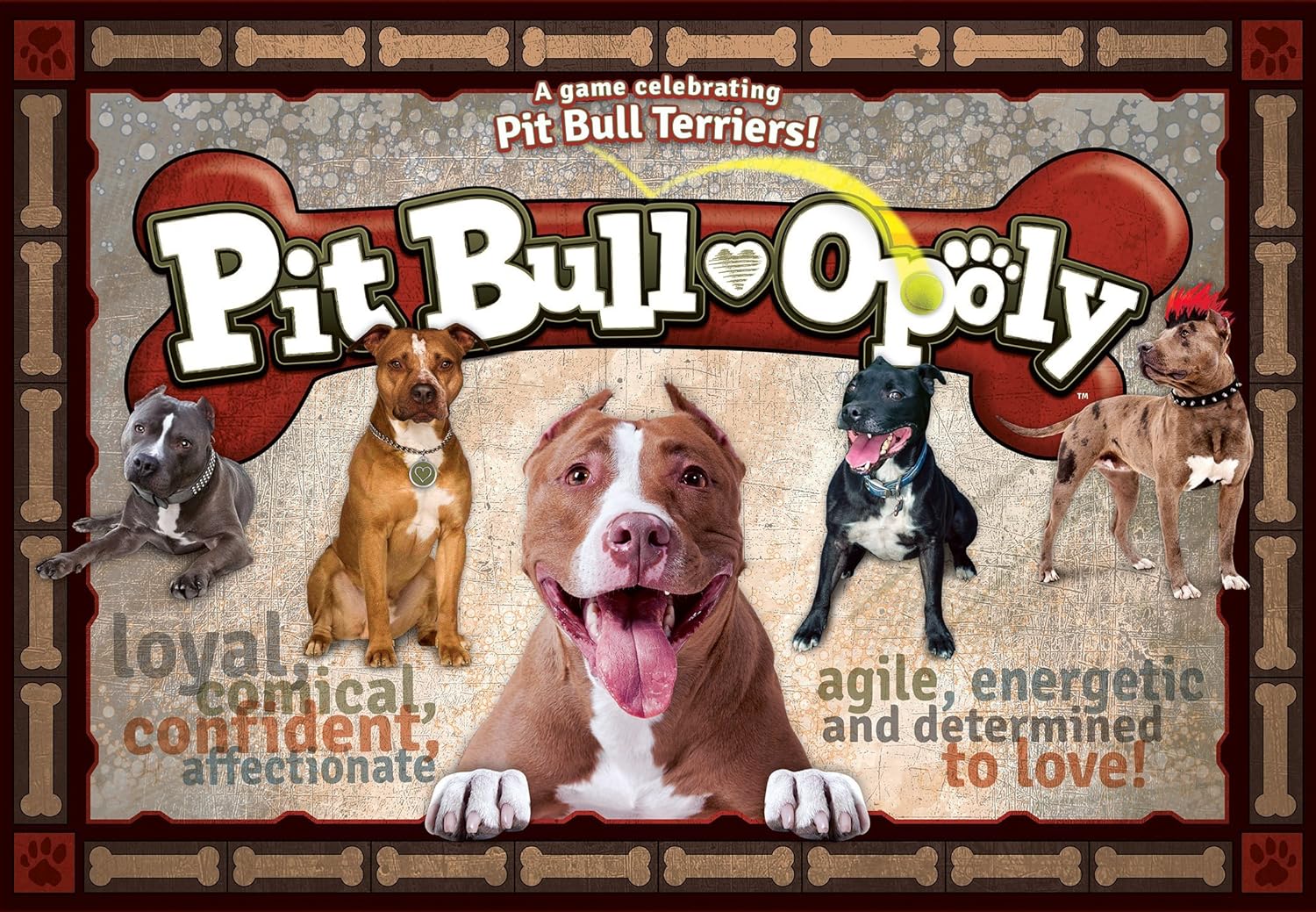Pit Bull-opoly board game box featuring five pit bull terriers and text describing them as loyal, comical, confident, affectionate, agile, energetic and determi