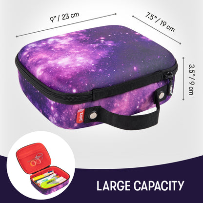 ZIPIT Jumbo Pencil Case in purple galaxy design with handle and zipper, shown open displaying storage capacity