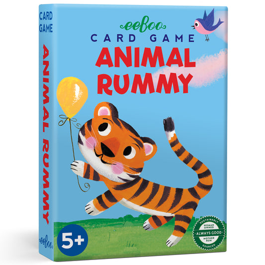 eeBoo Animal Rummy card game box featuring an orange and black striped tiger holding a yellow balloon against a blue sky background, recommended for ages 5+