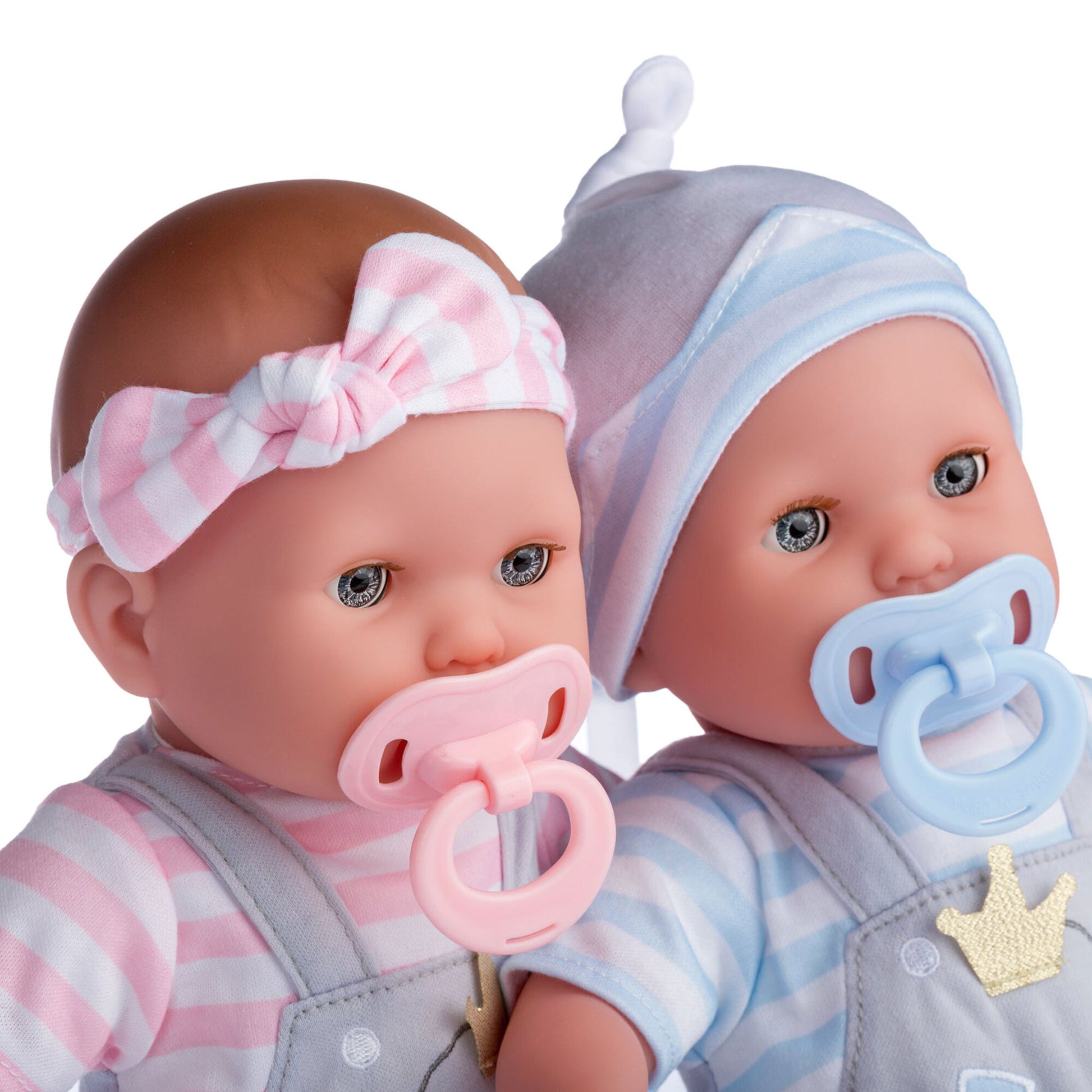 JC Toys Twin Nonis Boutique 15" baby dolls in pink and blue with pacifiers and bonnets