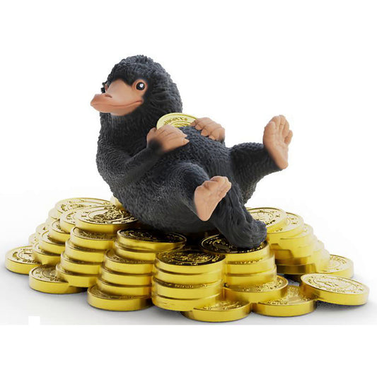 Wizarding World Niffler & Gold toy figure with black plush body on golden coin stack