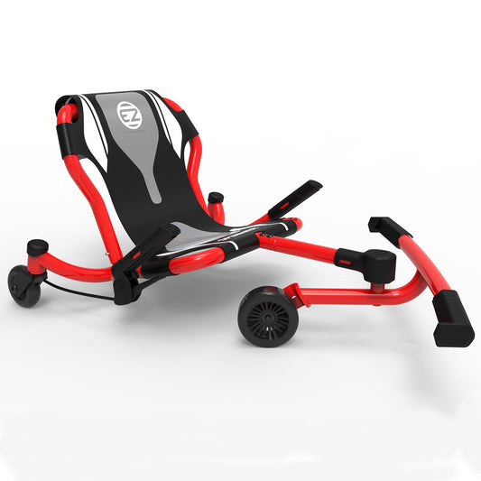 Red and black EzyRoller Spinner ride-on scooter with pedal-free twisting motion, featuring a padded seat, extended footrest platform, and dual wheels on plain w