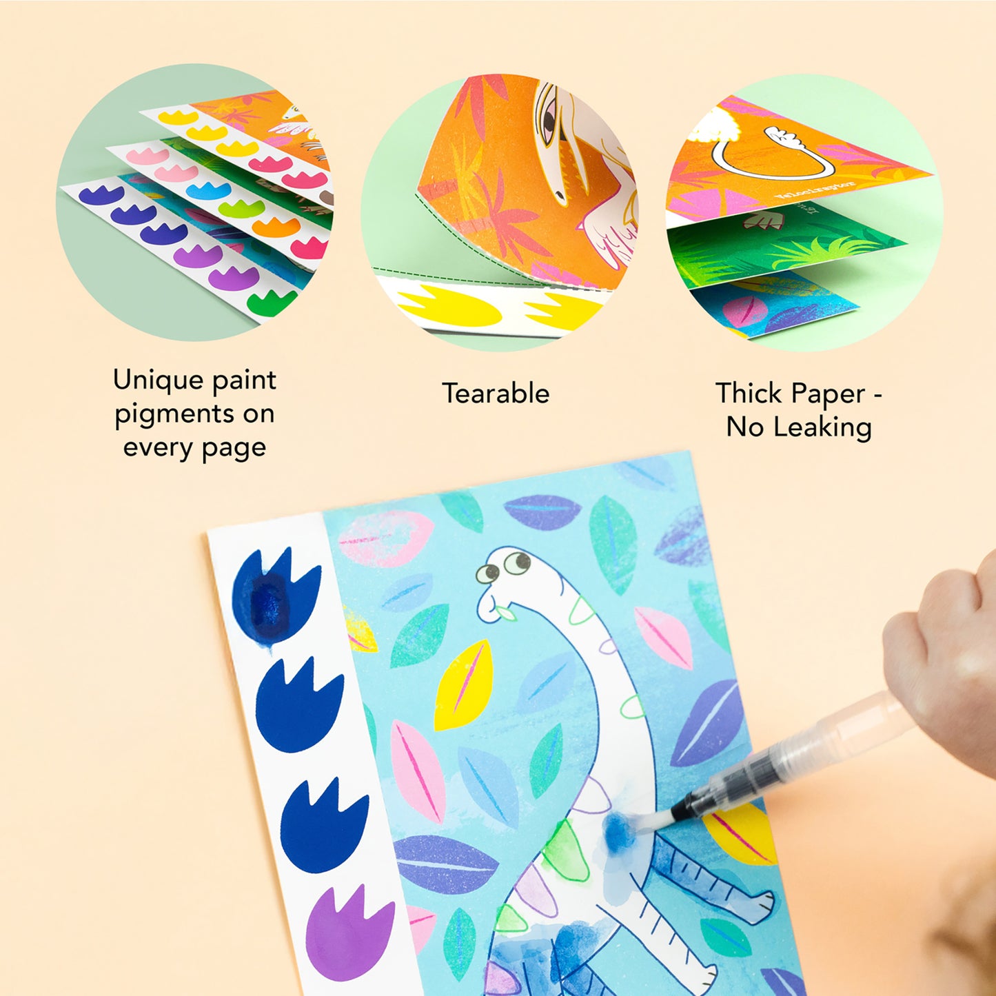 Tiger Tribe Dinosaur Watercolor Art Set with colorful illustrated pages and mess-free paint brush for kids
