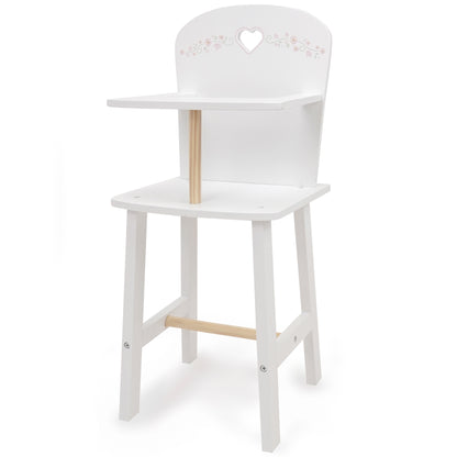 Little Flora Wooden Doll Highchair in white with heart cutout and natural wood accents
