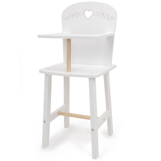Little Flora Wooden Doll Highchair in white with heart cutout and natural wood accents