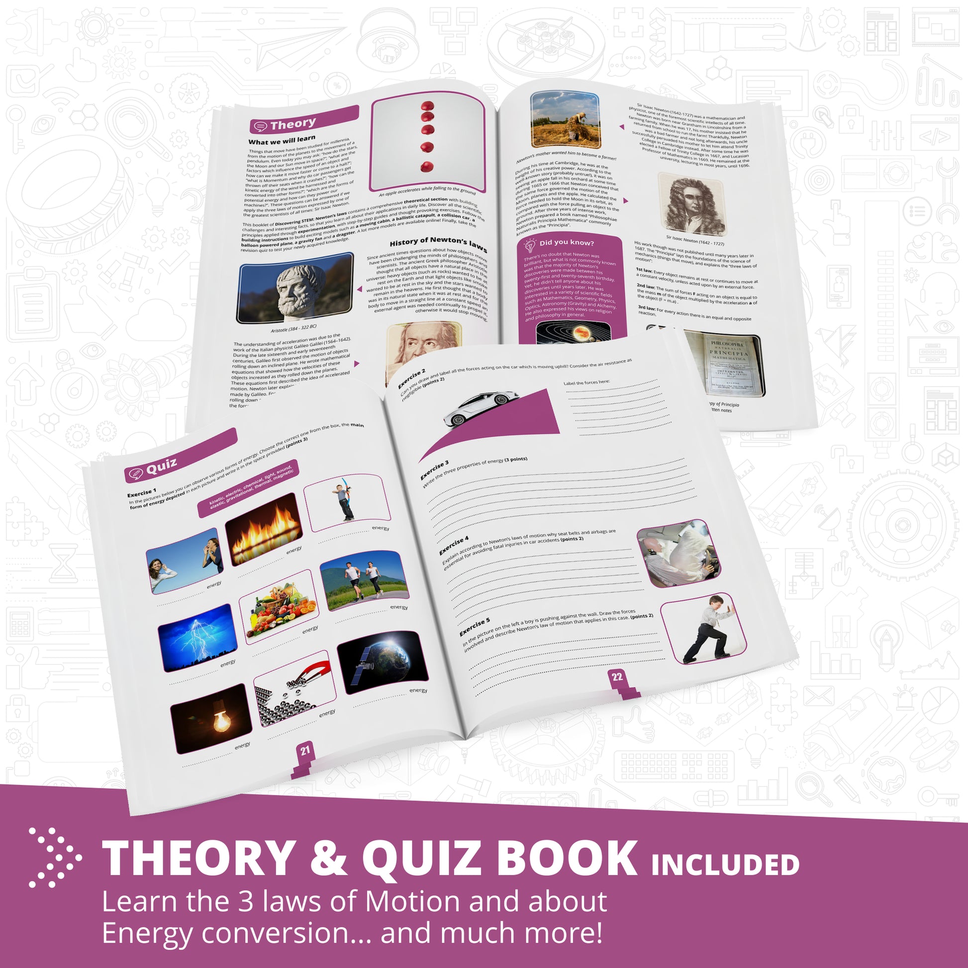 Engino Newton's Laws STEM building set with theory and quiz book pages showing physics concepts