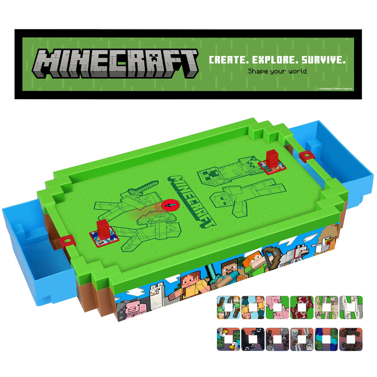 Minecraft Arcade Air Hockey game with green playing surface, blue end zones, red pushers, and character pusher covers