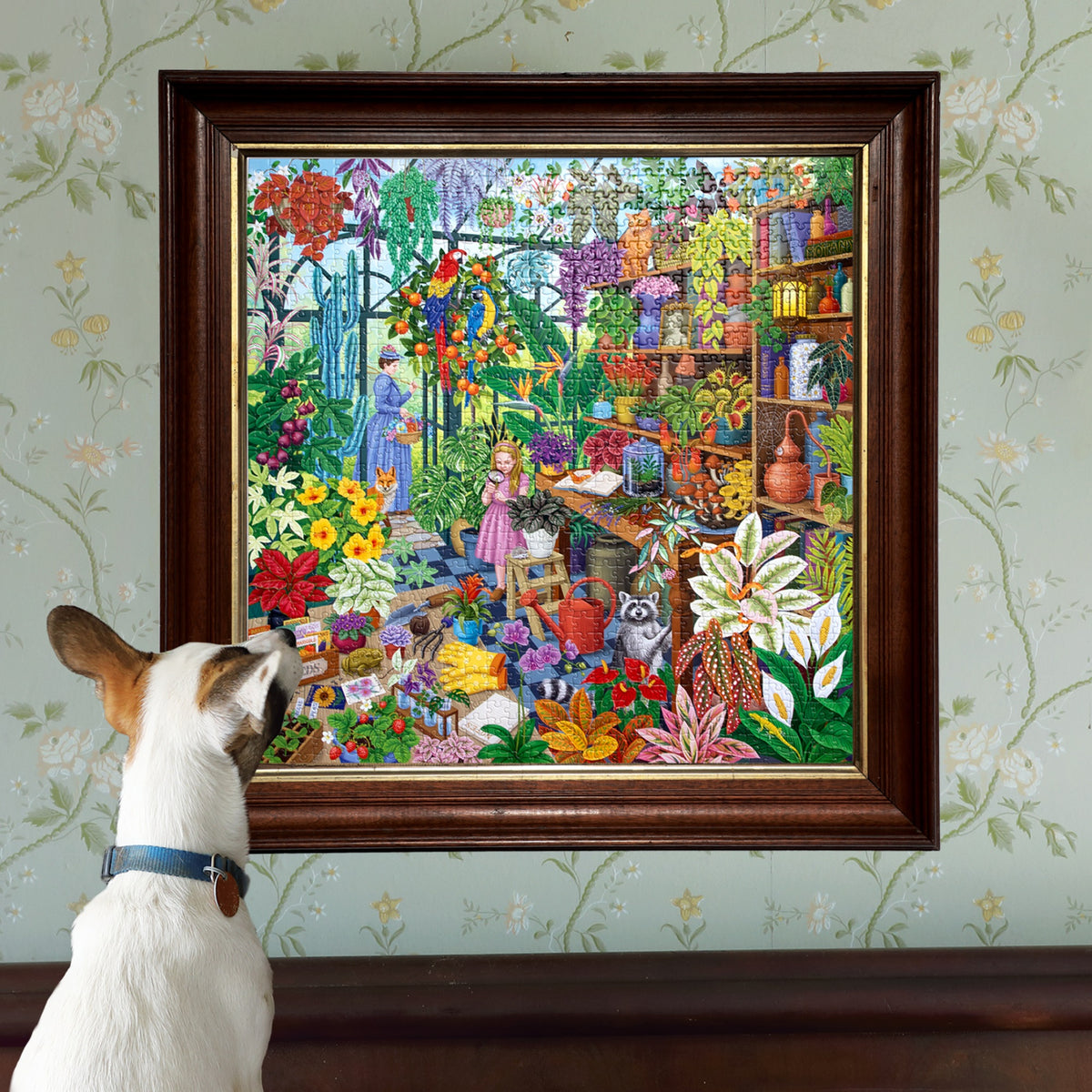 eeBoo Alchemist's Greenhouse 1000 piece jigsaw puzzle with colorful garden scene displayed in frame