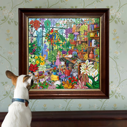 eeBoo Alchemist's Greenhouse 1000 piece jigsaw puzzle with colorful garden scene displayed in frame