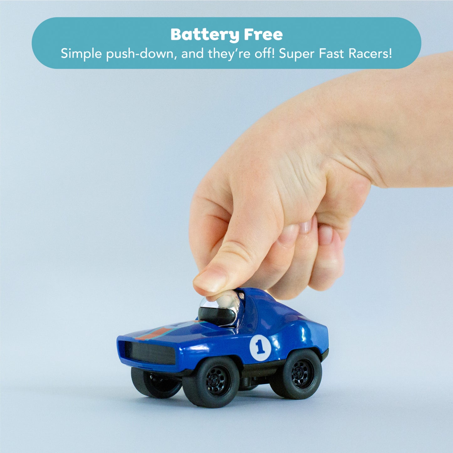 Blue Tiger Tribe Presto Racer die-cast toy car with push-down turbo mechanism