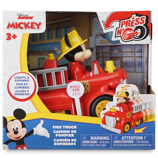 Disney Junior Mickey Mouse Press N' Go red and yellow firetruck toy with Mickey in firefighter outfit