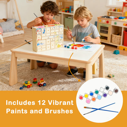 Wooden Advent Calendar with 24 drawers, paint set, and brushes for kids crafts