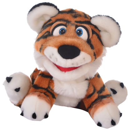 Plush tiger cub hand puppet with orange and black stripes, white belly and ears, blue eyes, red smile, and black nose