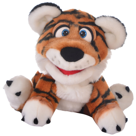 Plush tiger cub hand puppet with orange and black stripes, white belly and ears, blue eyes, red smile, and black nose