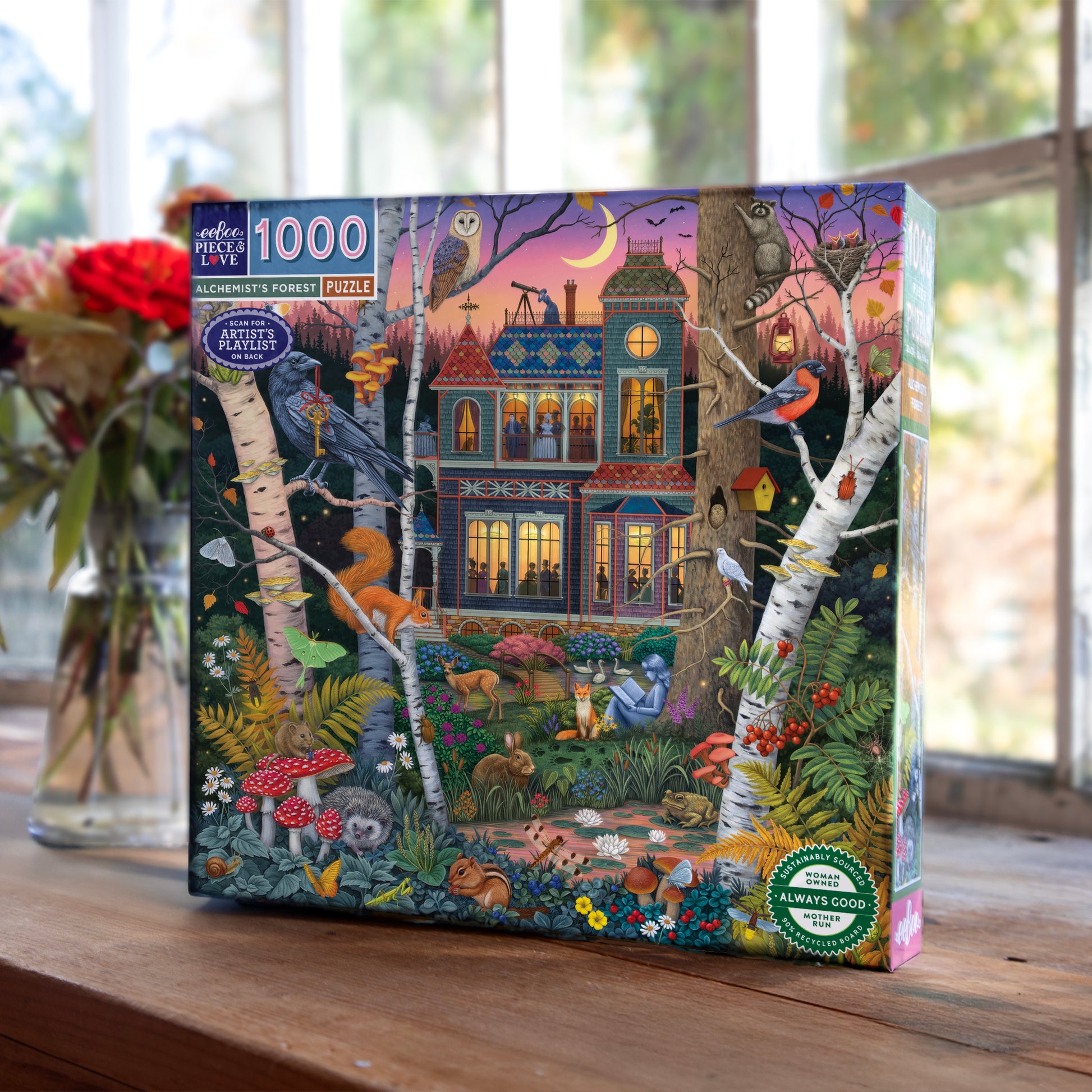 Piece&Love Alchemist's Forest 1000 piece puzzle box featuring enchanted forest house with wildlife
